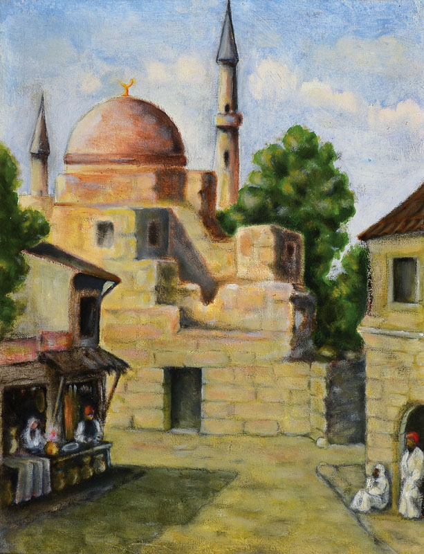 Unbekannter zeitgenössischer Maler, Orientalische Stadtansicht, Öl/Malkarton, unleserlich signiert, ca. 36.5x28 cm, Rahmen