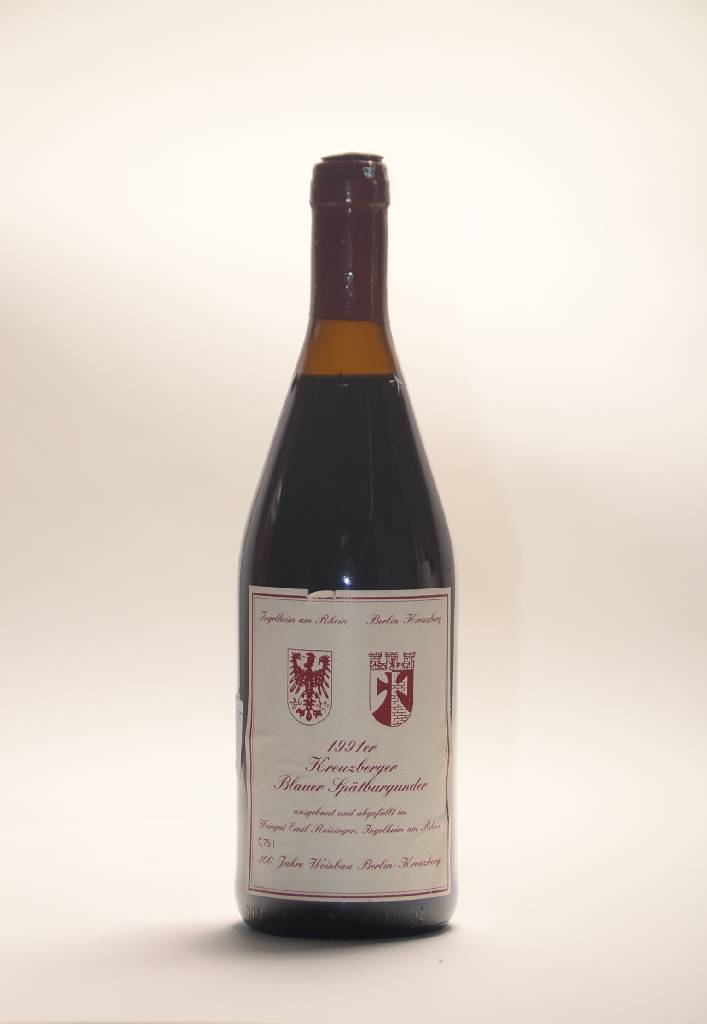 1 Flasche 1991 Kreuzberger Blauer Spätburgunder, Weingut Emil Reisinger Ingelheim, 100 Jahre Weinbau Berlin-Kreuzberg,leichter Schwund, nicht ...