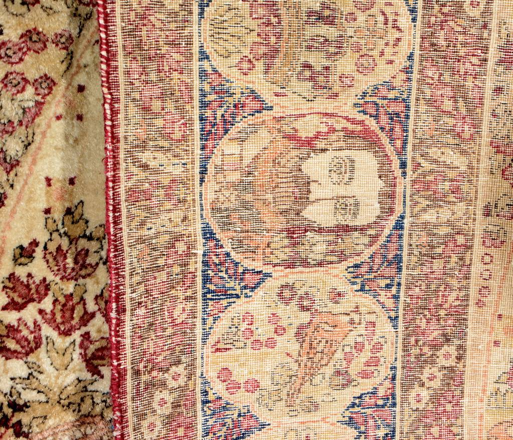 Detail e: Kerman "Raver" antik, Südpersien, 19.Jhd., Korkwolle geknüpft auf Baumwolle. Diese fein geknüpfte Auftragsarbeit, zeigt verschiedene ...