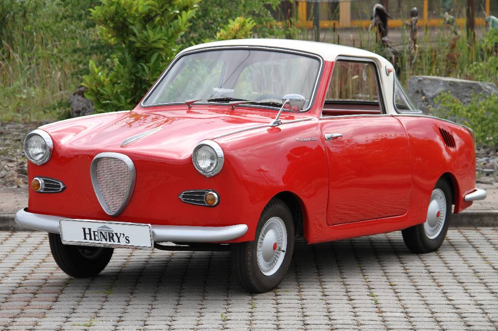 Goggomobil T250 Coupe, EZ 03.1959, Laufleistung 91.365 km abgelesen, H-Zulassung,10 KW/ 13,6 PS, Schaltgetriebe, rot mit weißemDach, Kunstleder rot, ...