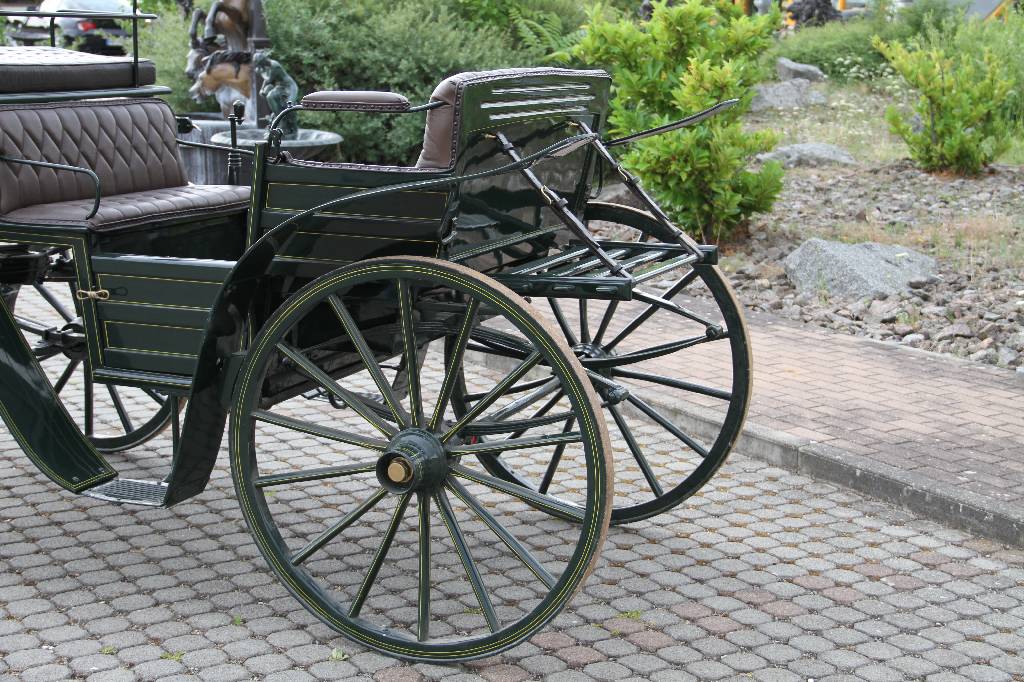 Detail d: Park-/Jagdkutsche, um 1880, 2 Deichseln für Ein- oder Zweispänner vorhanden, Sitze in Leder braun, diese genoppt und z.T. geheftet, aufwendig in ...