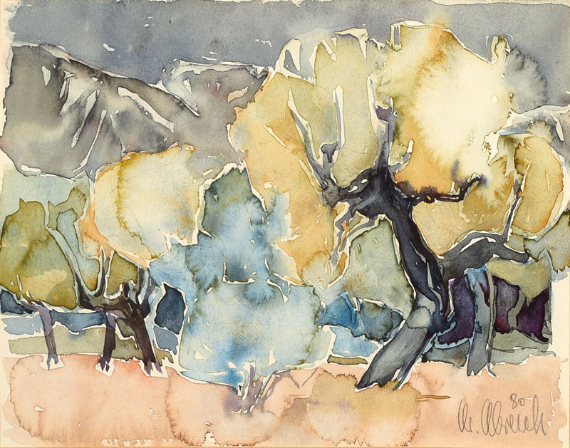 Christel Abresch, 1931 Sulzbach-2011, lebte und arbeitete in Neustadt/Wstr., Blick auf eine Baumgruppe, Aquarell auf Papier, rechts unten signiert ...