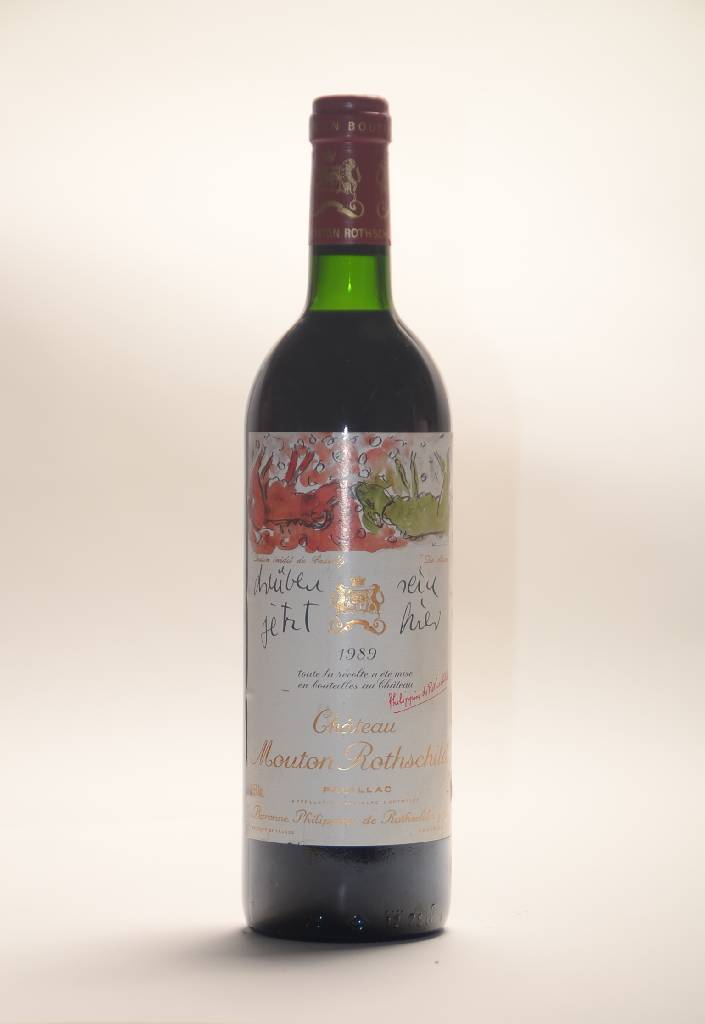 1 Flasche 1989 Chateau Mouton Rothschild, Pauillac, Premier Cru Classe en 1973, Künstleretikett: Georg Baselitz "Die Mauer", ca. 75 cl, ...
