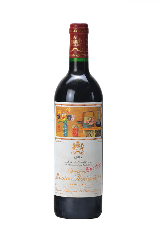 5 Flaschen 1991 Chateau Mouton Rothschild, Pauillac, Künstleretikett: Setsuko, je ca. 75 cl, into neck bis high fill, Premier Cru Classe en 1973, ...