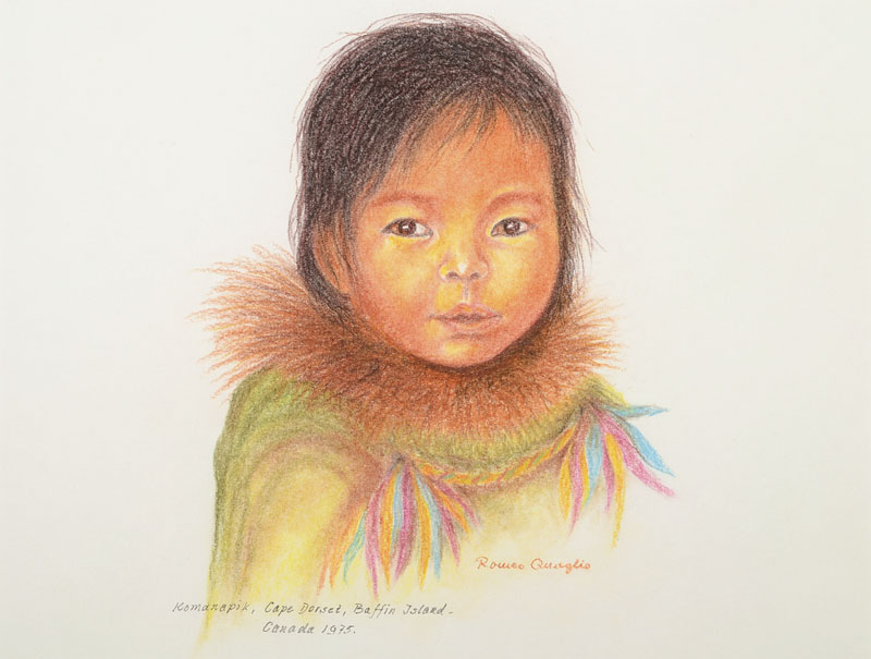 Romeo Quaglio, Mitglied der berühmten deutsch-italienischen Malerfamilie Quaglio, hier: 4 Buntstiftzeichnungen von Kindern kanadischer Inuit aus den ...
