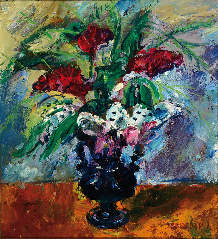 Ilona Szereday, zeitgenössische ungarische Künstlerin, Blumenstillleben, Öl/Malkarton, rechts unten signiert, ca. 40x36cm, Rahmen