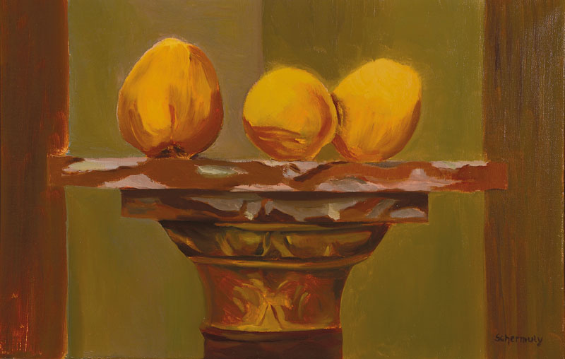 Peter Schermuly, 1927 Frankfurt/Main-2007, Stillleben mit Quitten auf einer Säule, Öl/Lwd, rechts unten signiert, rückseitig datiert 64, ca. ...