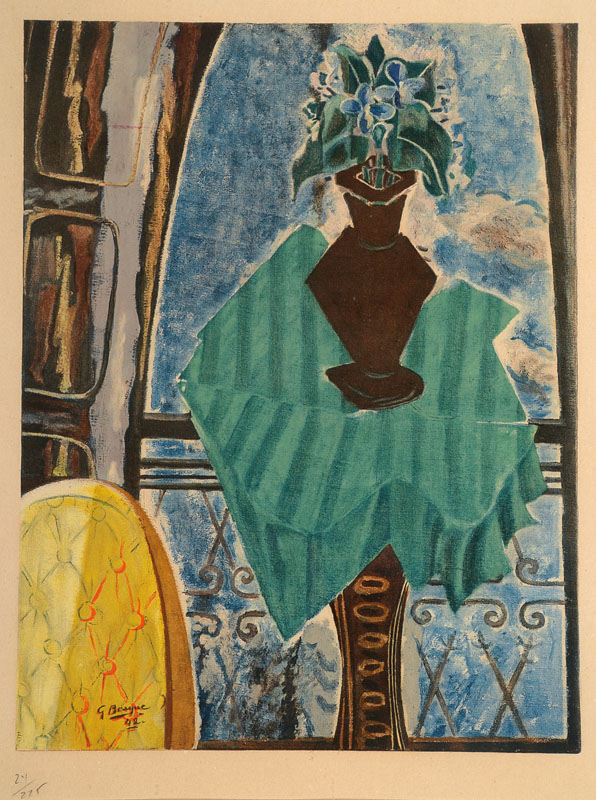 George Braque, 1882-1963, Interieur mit Blumen auf einer Säule vor dem Fenster, Farblithographie, drucksigniert und dat. 42, per Hand num. 24/225, ...