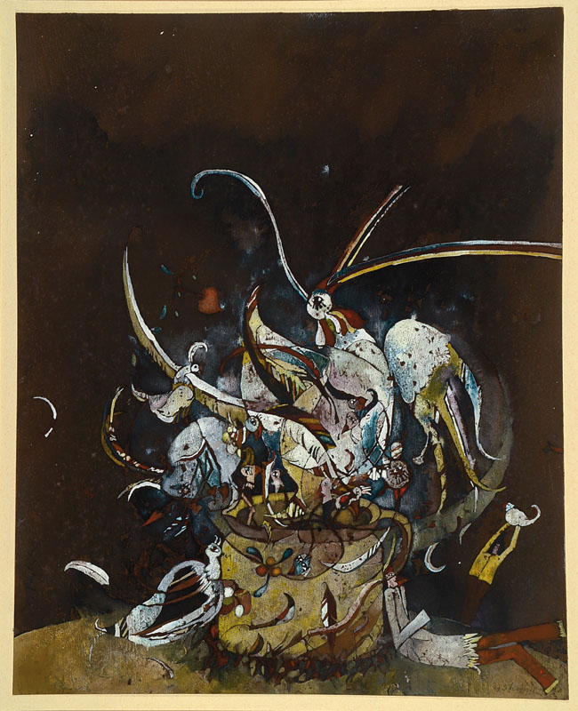 Bernd Kastenholz, geb. 1943 Speyer, Vogelstrauß, Blattgold / Gouache auf Malkarton, unten rechts signiert, betitelt, datiert 78, ca. unter Glas ...