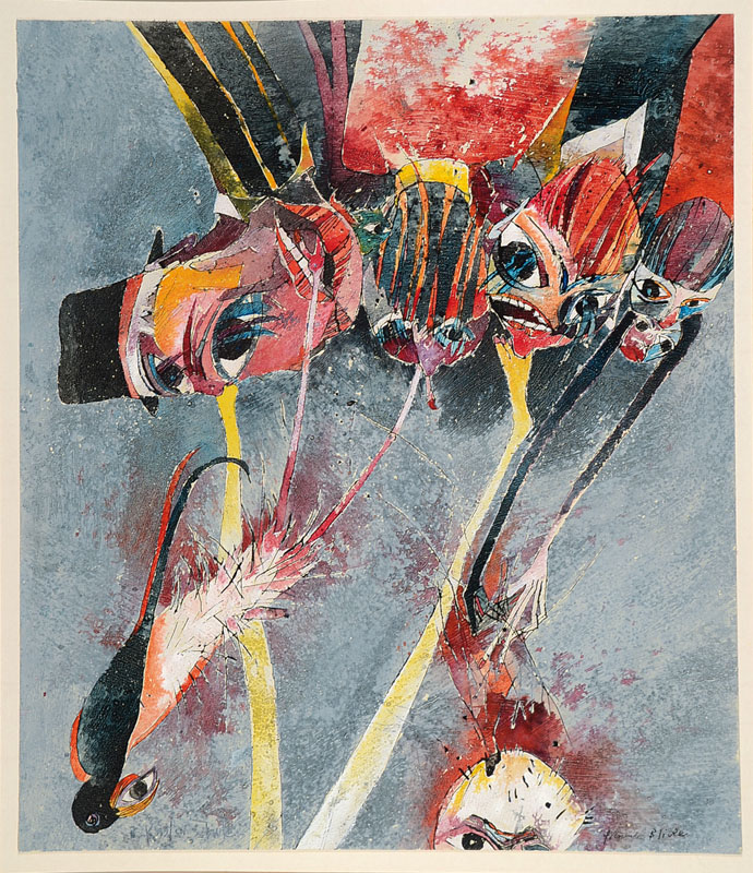 Bernd Kastenholz, geb. 1943 Speyer, Suchende Blicke, Gouache auf Malkarton, signiert und datiert 85, ca. 45x38 cm, unter Glas gerahmt