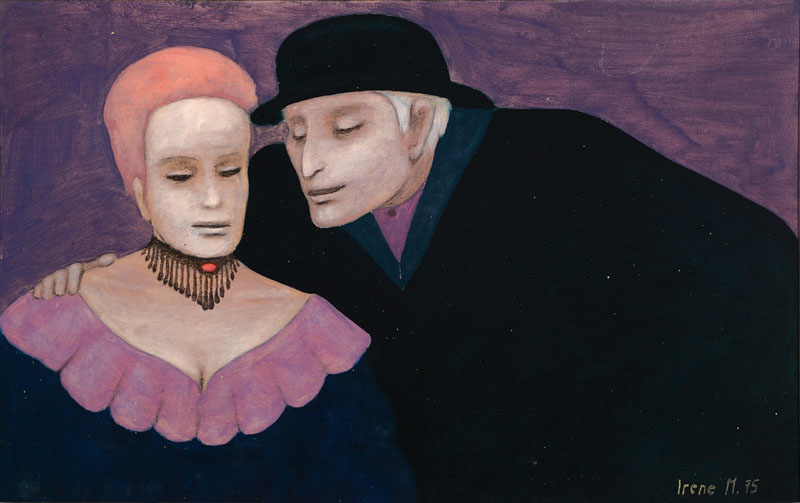 Irene Müller, geb. 1941 Bielefeld, Flüsterndes Paar, Öl/Malkarton, re. u. sign. und dat. (19)75, ca. 27x43cm, Rahmen