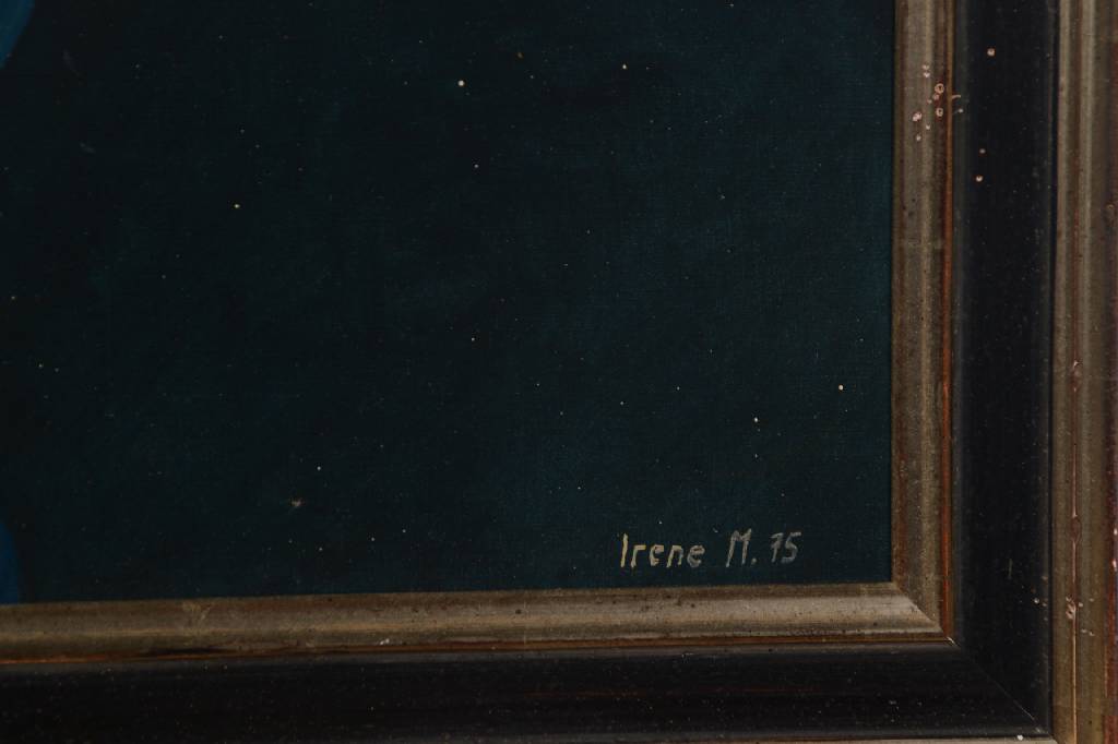 Detail a: Irene Müller, geb. 1941 Bielefeld, Flüsterndes Paar, Öl/Malkarton, re. u. sign. und dat. (19)75, ca. 27x43cm, Rahmen