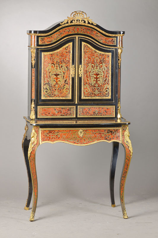 Damenschreibtisch, sog. Bonheur de jour, Frankreich, um 1870, im Boulle-Stil, Aufsatz 2-türig u. 2-schübig, geschweifter Giebel u. abgeflachte ...