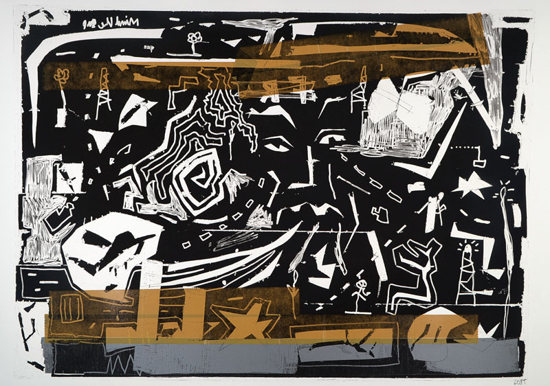 Tjorg Beer, geb. 1973, Lithographie, Collage, Klebeband, rechts unten signiert, Blattgr. ca. 57x76,5 cm