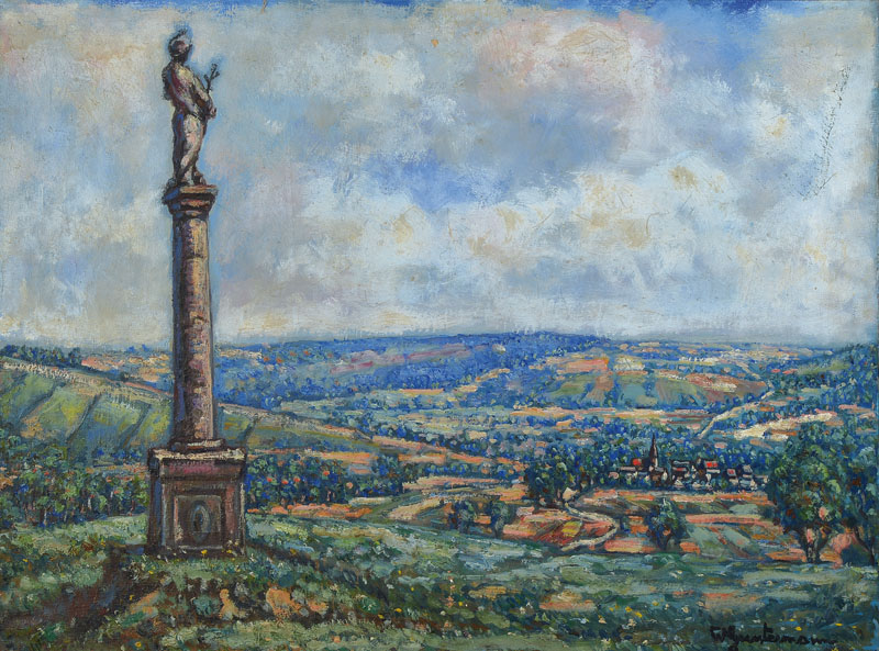 Wilhelm Guntermann, 1887 Bensheim-1976 Darmstadt, Weite Landschaft mit Skulptur auf Säule im Vordergrund, Öl/Lwd, rechts unten signiert, ca. ...