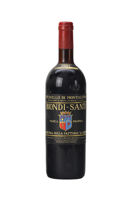 2 Flaschen Biondi-Santi, Brunello di Montalcino, Jahrgänge: 1981 u. 1983, je ca. 75cl, upper mid shoulder u. top shoulder, unverkostet