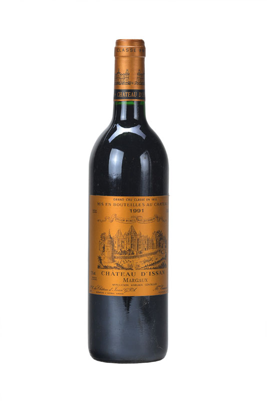 4 Flaschen 1991 Chateau D'Issan, Margaux, Grand Cru Classe en 1855, je ca. 75 cl, into neck bis high fill, unverkostet, sehr guter ...
