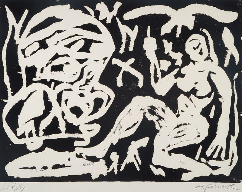 A.R. Penck, geb. 1939, Holzschnitt, handsigniert, mit Widmung, Blattgr. ca. 106.5x78.5 cm, min. besch.