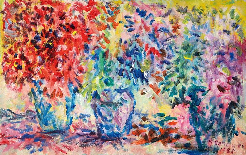 Michael Schauer, geb. 1935 München, Blumenstillleben, Öl/Malkarton, rechts unten signiert und datiert 1985, ca. 51x80 cm, Rahmen