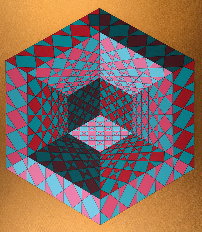 Victor Vasarely, 1906-1997, Serigrafie in 10 Farben auf goldenem Hintergrund auf Karton, Sancton, handsigniert und römisch nummeriert 3/50, seltene ...