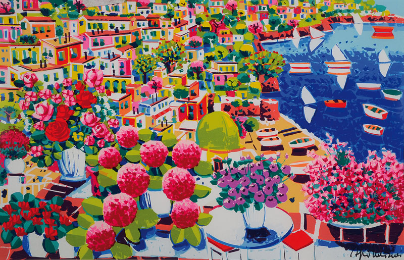 Athos Faccincani, geb. 1951, Blick auf Portofino, Acryl/Mischtechnik auf Lwd, signiert, ca. 54x83 cm, unter Glas gerahmt