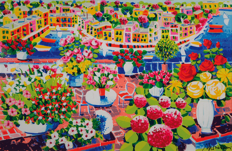 Athos Faccincani, geb. 1951, Blick auf Portofino, Acryl/Mischtechnik auf Lwd, signiert, ca. 54x83 cm, unter Glas gerahmt