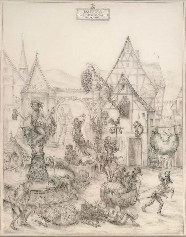 Werner Holz, 1948-1991, bek. Pfälzer Maler u. Grafiker, Vertreter der Phantastischen Kunst, hier: Das Pfälzer Schlaraffenland, Original Klischee ...