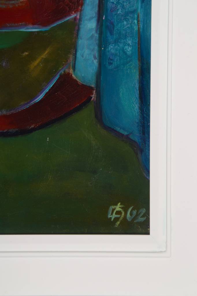 Detail a: Dr. Hermann Clemens, 1913 Speyer - 1985 Annweiler, Blumenstillleben mit Birne, Öl/Malkarton, monogrammiert und datiert 1962, ca. 54x39 cm, Rahmen