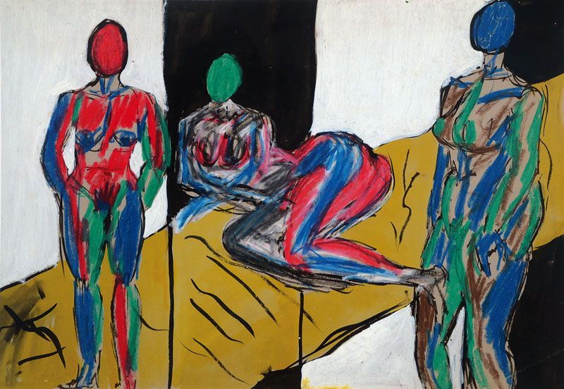 Unbekannter Künstler, Karlsruher Akademie, um 1960, Frauenakte, Gouache, unsigniert, ca. 52x81 cm, unter Glas gerahmt