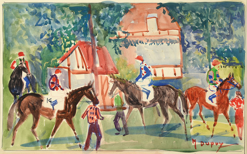 Maurice Dupuy, französischer Maler des 20. Jhd., Jockeys mit Pferden vor dem Rennen, Aquarell/Gouache auf Papier, rechts unten signiert, ca. 27x42 ...