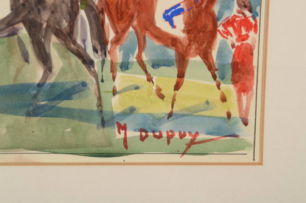 Detail a: Maurice Dupuy, französischer Maler des 20. Jhd., Jockeys mit Pferden vor dem Rennen, Aquarell/Gouache auf Papier, rechts unten signiert, ca. 27x42 ...