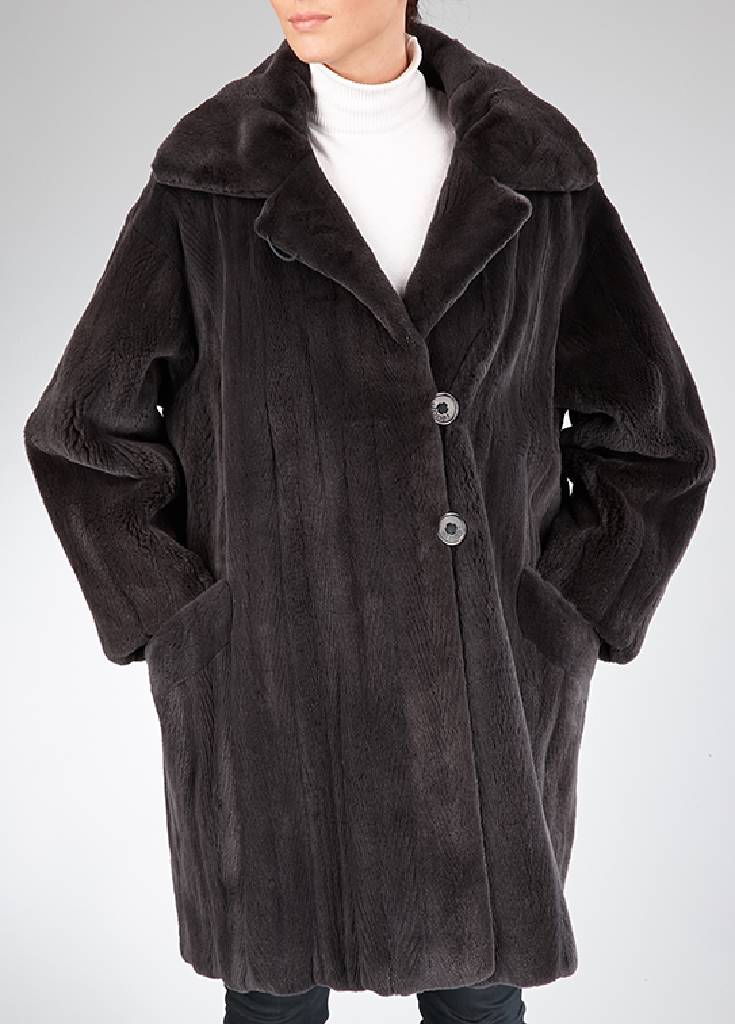 JOOP Samtnerz-Longjacke, Gr. ca. 48, Innenlabel The American Fur Awards American Ultra, Certified USA Mink, dunkelgrau eingefärbte geschorene ...