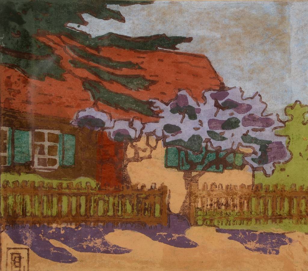 Detail b: Unbekannter Künstler, Konvolut aus zwei Farbholzschnitten, je monogrammiert, ca. 18x26 cm bzw. 17x19 cm, unter Glas, Rahmen