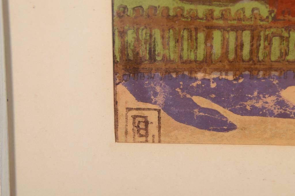 Detail c: Unbekannter Künstler, Konvolut aus zwei Farbholzschnitten, je monogrammiert, ca. 18x26 cm bzw. 17x19 cm, unter Glas, Rahmen