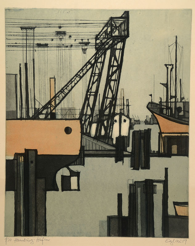 Otto Wilhelm Eglau, 1917-1988, Farbradierung, signiert und 1/50, datiert 59, Hamburg-Hafen, Platte ca. 50x40,5 cm, unter Glas gerahmt