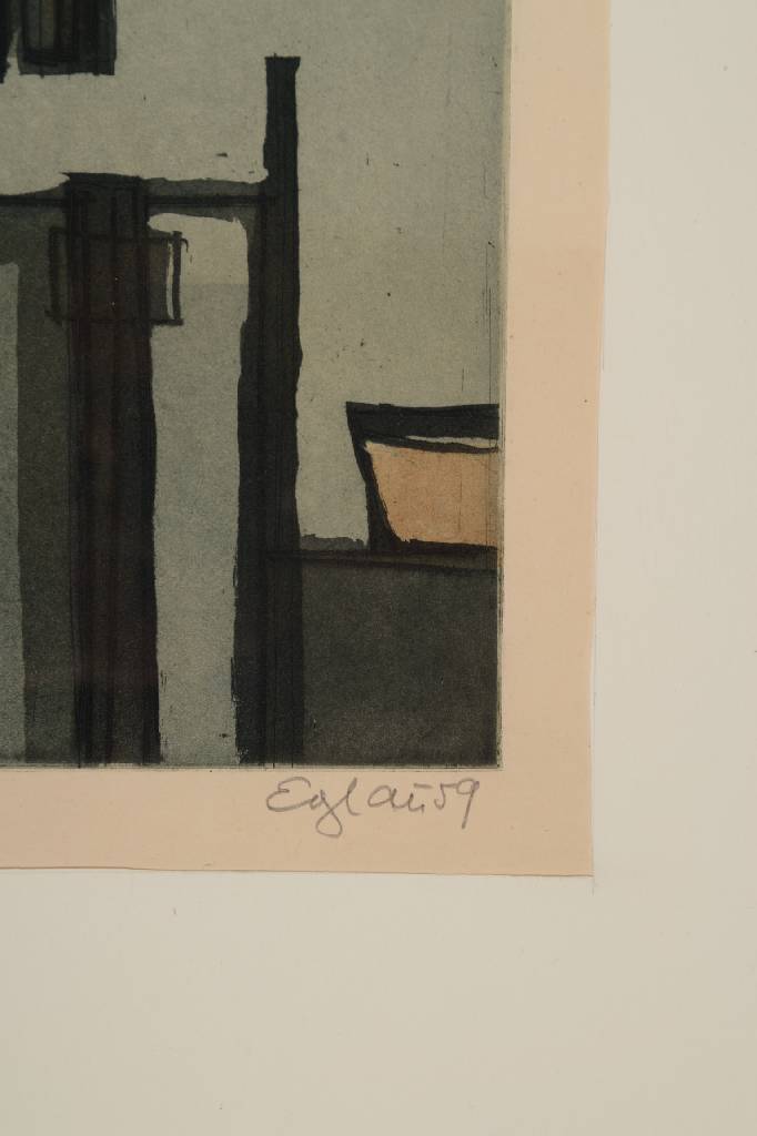 Detail a: Otto Wilhelm Eglau, 1917-1988, Farbradierung, signiert und 1/50, datiert 59, Hamburg-Hafen, Platte ca. 50x40,5 cm, unter Glas gerahmt