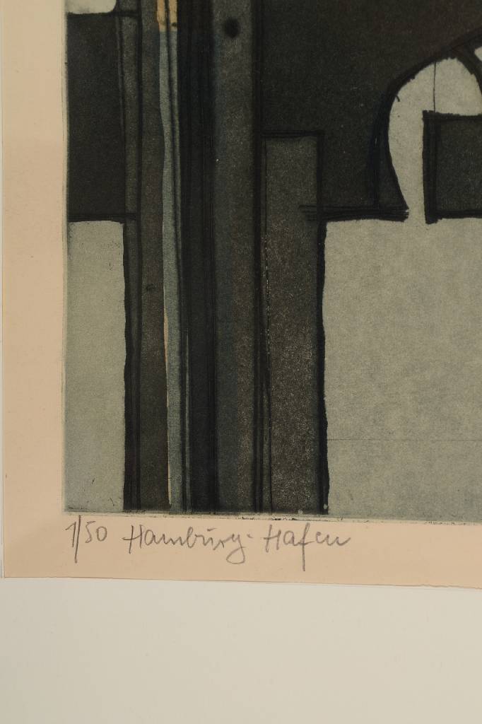 Detail b: Otto Wilhelm Eglau, 1917-1988, Farbradierung, signiert und 1/50, datiert 59, Hamburg-Hafen, Platte ca. 50x40,5 cm, unter Glas gerahmt