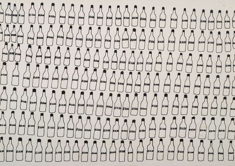 Marco Raugei, 1958-2003, Tuschezeichnung, rückseitig signiert und datiert Mercoledi 7 Maggio 1997, betitelt: queste sono lebotiglie di birra ...