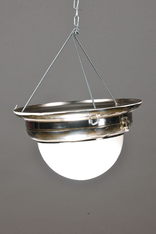 Paar Deckenleuchten, Entwurf Otto Wagner, um 1900, Ausführung 80er Jahre, Messing vernickelt, mundgeblasener Opalglasschirm, Elektrifizierung nicht ...