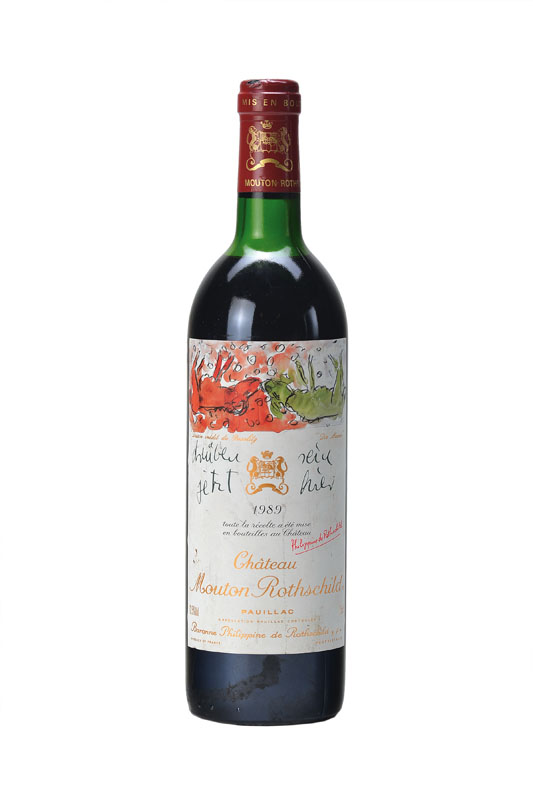 1 Flasche 1989 Chateau Mouton Rothschild, Pauillac, Premier Grand Cru classe, ca. 75 cl,upper mid shoulder, Künstleretikett: Georg Baselitz ...