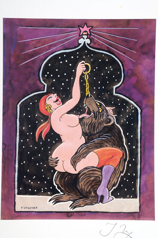 Tomi Ungerer, geb. 1931, Farboffset zu einem Plakat der Ausstellung Tabu-Erotic in Moskau, handsign., Blattgr. ca. 51,5x44,5 cm, Motiv ca. 31,5x24,5 ...