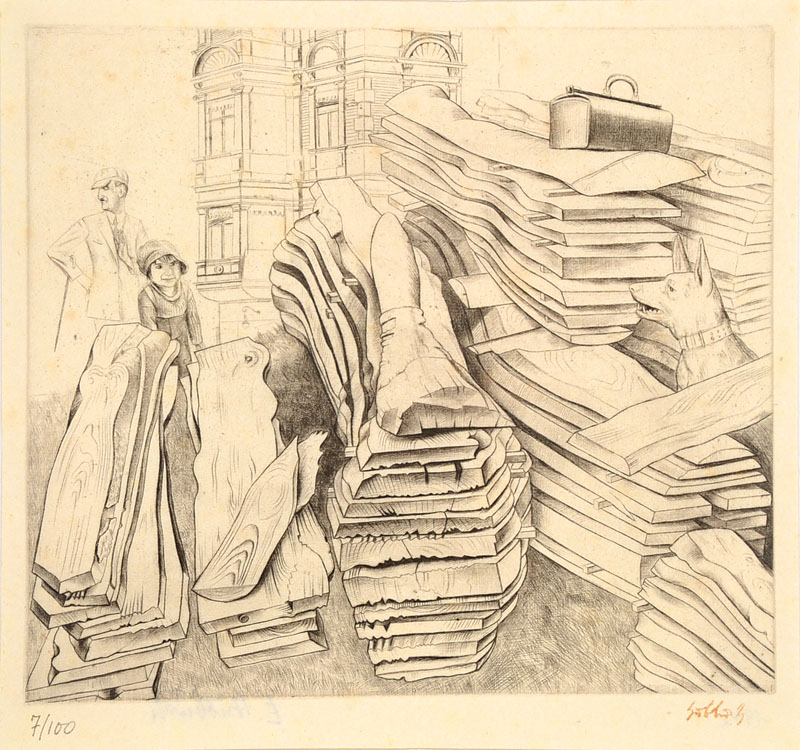 Karl Hubbuch, 1891-1979, Radierung, Sicher wird er ihn finden, Signaturstempel, num. 7/100, rückseitig Nachlaßstempel, 1924, Platte ca. 24x27 cm, ...