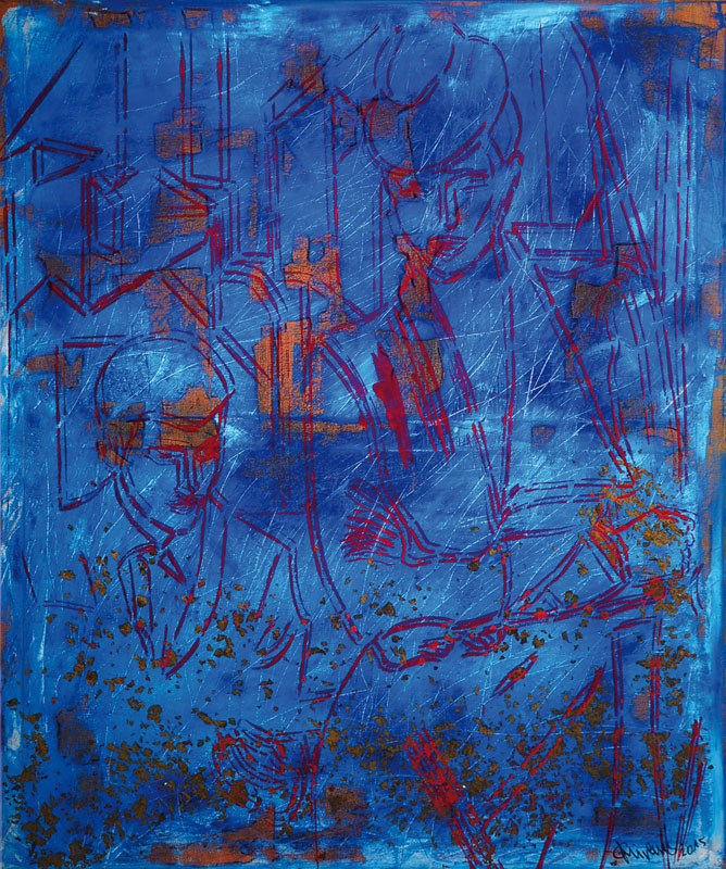 George Mirenes, geb. 1956 Paris, Begegnung, Acryl und Öl auf Lwd, mit Blattgold gehöht, signiert, ca. 120x100cm