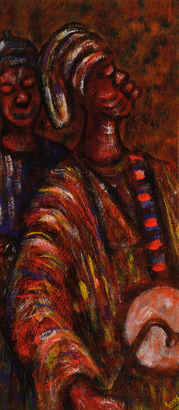 Rexies, afrikanischer Künstler, um 1970, Zeremonienmeister, Mischtechnik/Karton, signiert, datiert 1971, ca. 64x29cm, unter Glas gerahmt