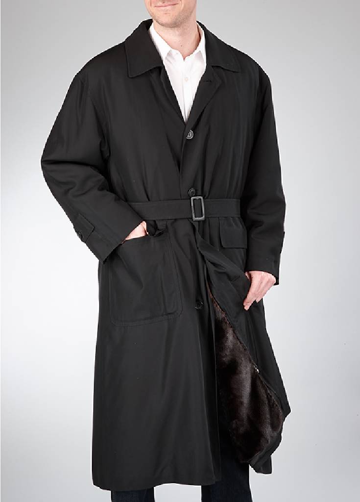 Herren-Trenchcoat mit Nerzinnenfutter, Gr. ca.50/52, Pelzhaus Plappert, schwarzer Textilmantel mit dunkelbraunem Nerz, Felle längs verarbeitet, ...