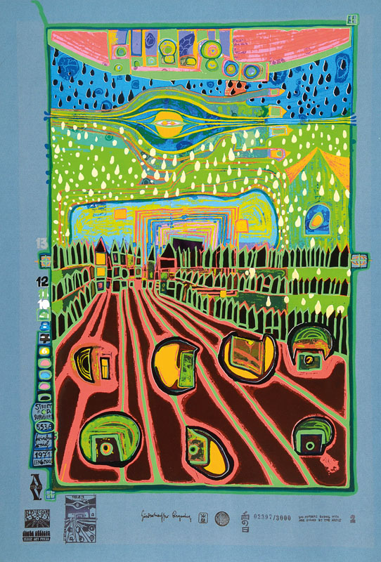 Friedensreich Hundertwasser, 1928-2000, Street for Survivers, Farbserigraphie, 1971, Auflage 3000, num. 2397, leichte Altersspuren, 67 x 48 cm