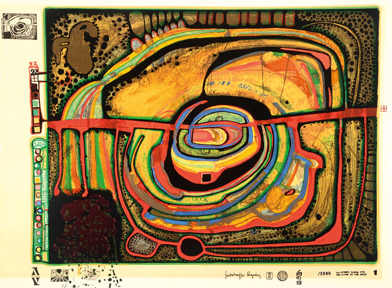 Friedensreich Hundertwasser, 1928-2000, Die fünfte Augenwaage, Farbserigraphie mit Metallfolienprägung, Auflage 3000, num. 2397, leichte ...