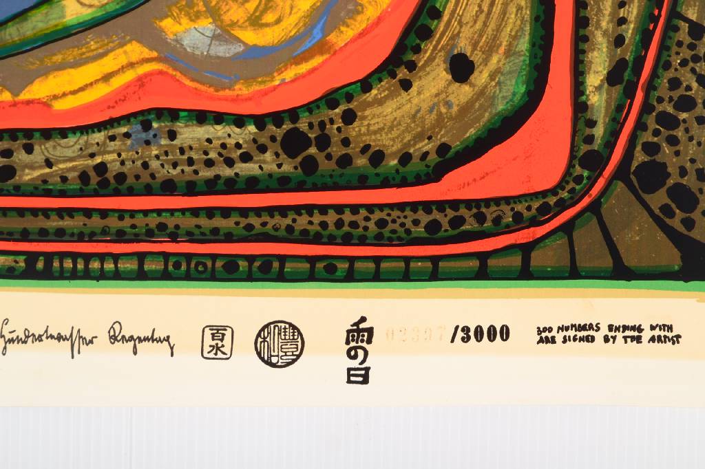 Detail a: Friedensreich Hundertwasser, 1928-2000, Die fünfte Augenwaage, Farbserigraphie mit Metallfolienprägung, Auflage 3000, num. 2397, leichte ...