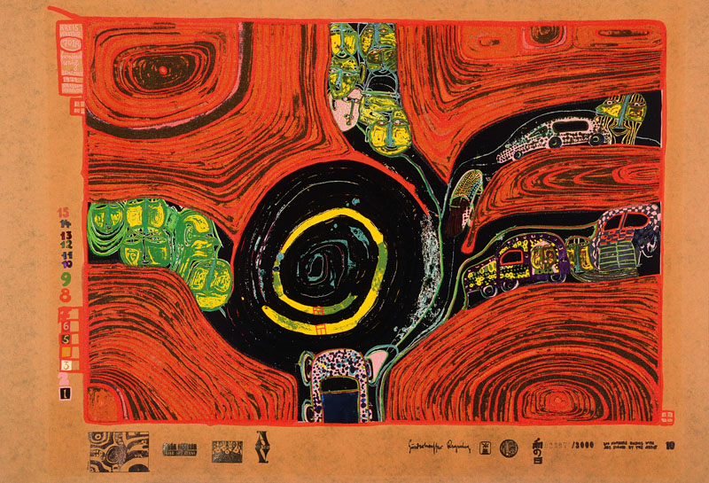 Friedensreich Hundertwasser, 1928-2000, Straßen gekreuzigt, Kreisverkehr, Farbserigraphie mit Metallfolienprägung, Auflage 3000, num. 2397, leichte ...