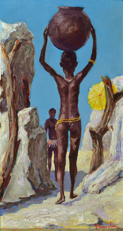 Josef Fleischer, 1902 Gleiwitz/Oberschlesien-1985 Landau, Wasserträger in Afrika, Öl/Lwd, rechts unten signiert, ca. 30x20cm, ca. 14 cm breiter und ...